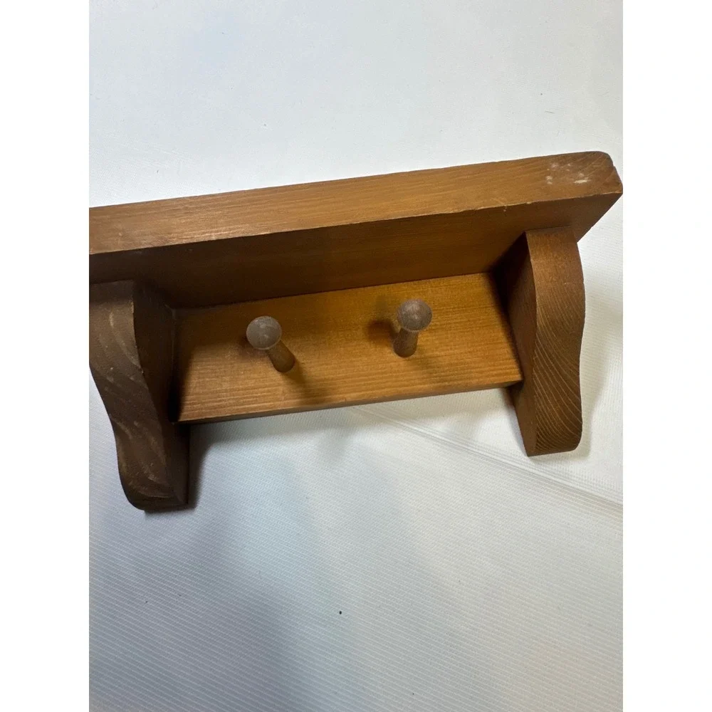 Vintage Cottagecore Grandmacore Rustic Pine Wood Mini Wall Shelf Peg Hooks Brown